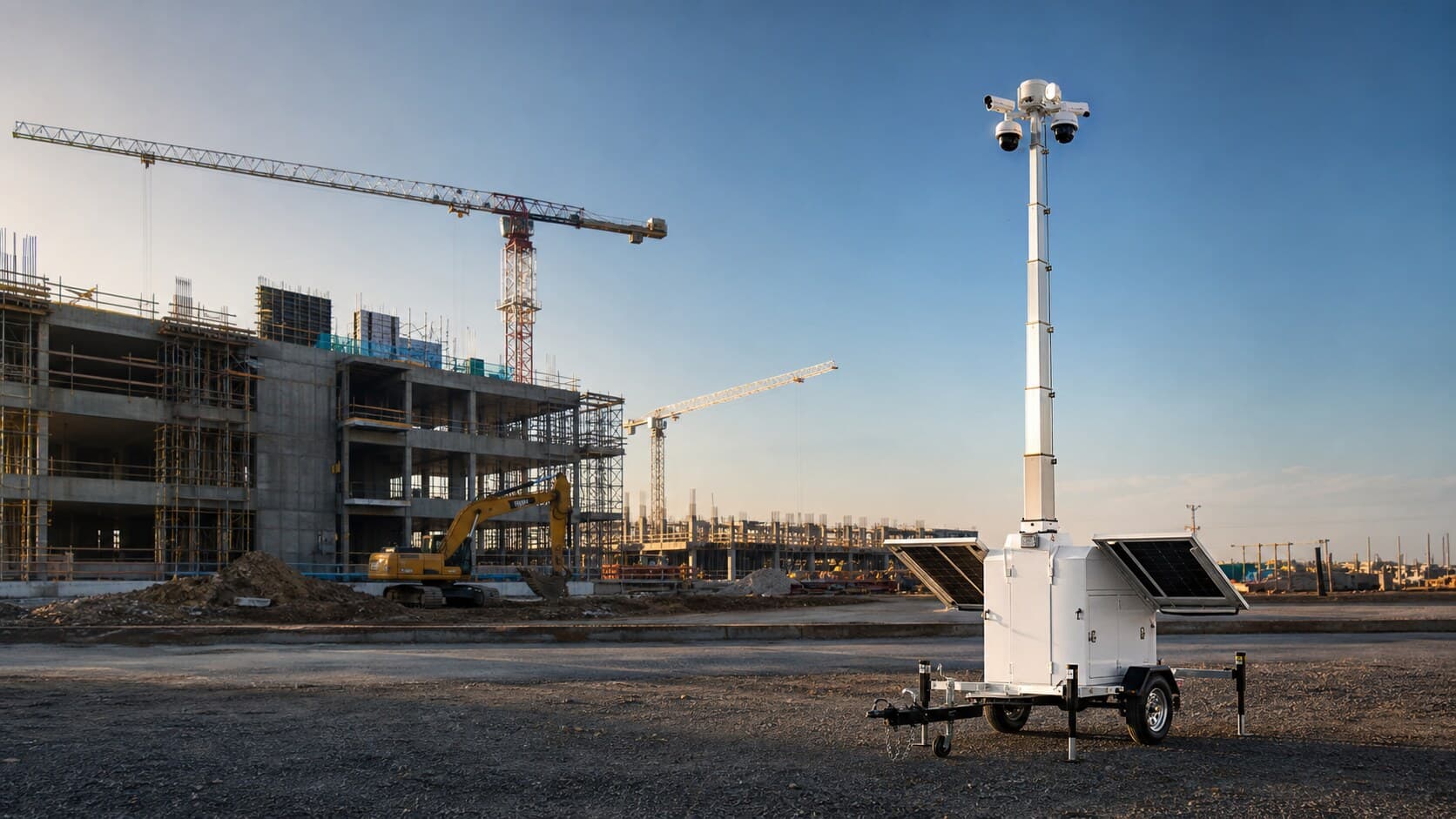 Mobile surveillance trailer positioned at an active construction site