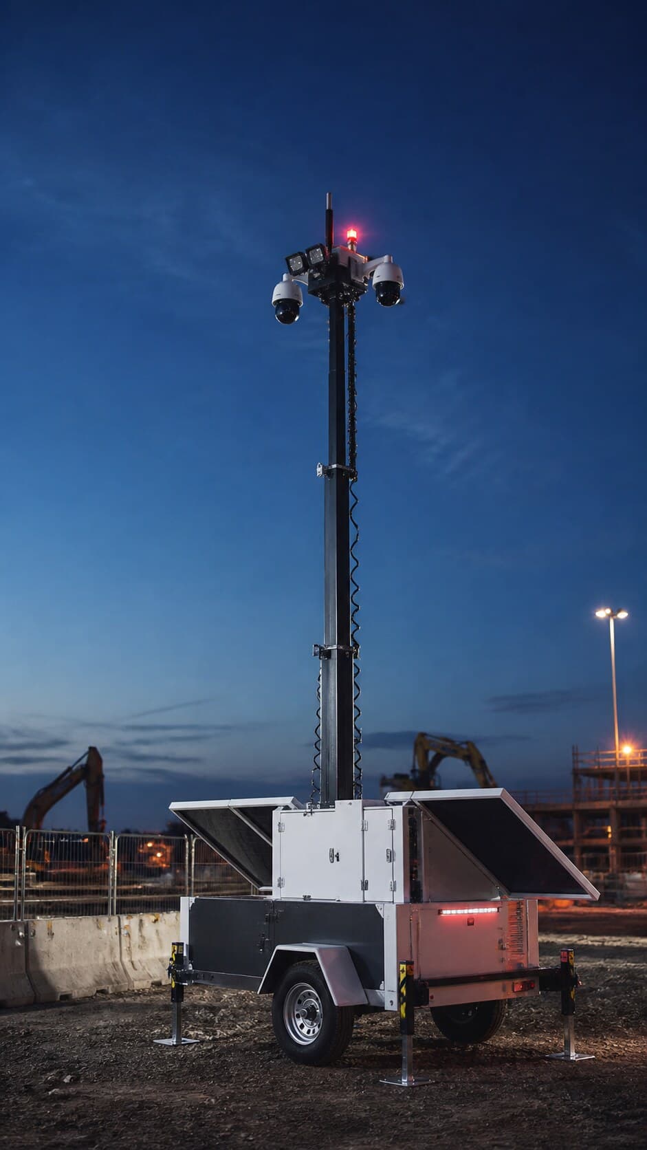 Mobile surveillance trailer operating at a construction site at night with cameras raised