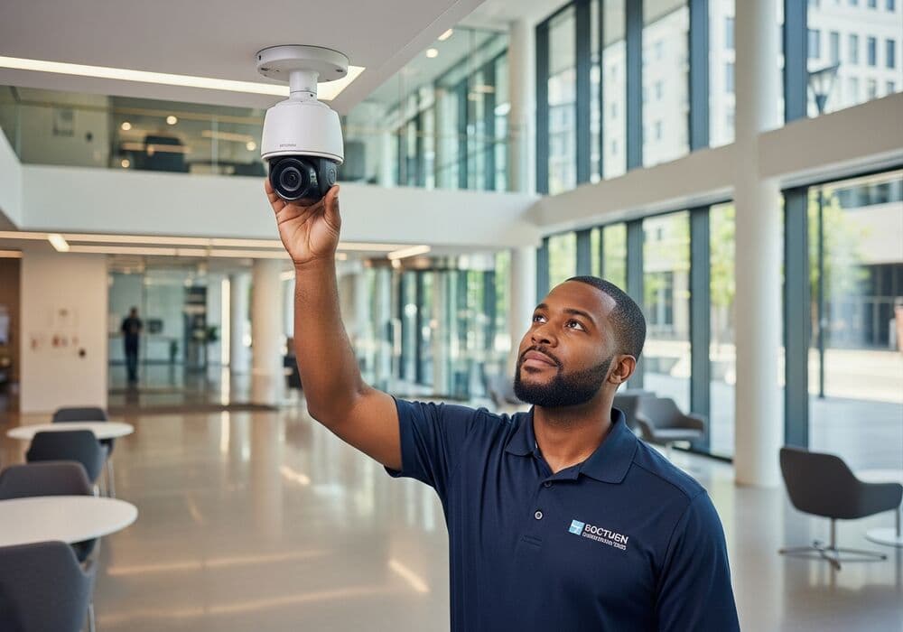 Technician inspecting a commercial security camera